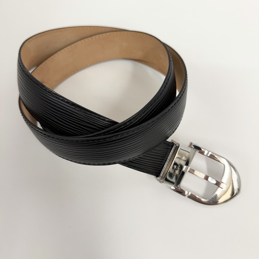 Louis Vuitton Epi Leather Belt Black Silver Tone Metal Buckle Size 90 36